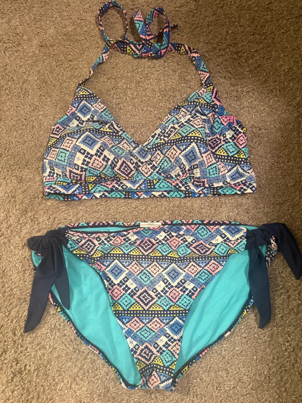 Old Navy Turquoise, Navy & Pink Geometric Bikini Set